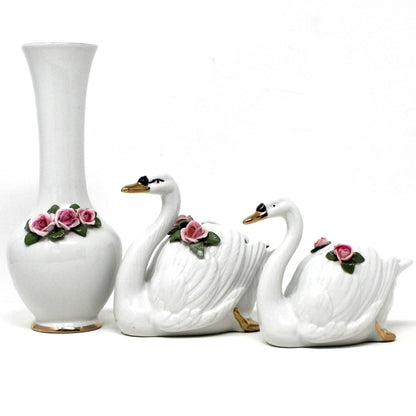 Planter / Vase, Dresden Style Swans & Bud Vase, Hand Applied Pink Roses, Vintage