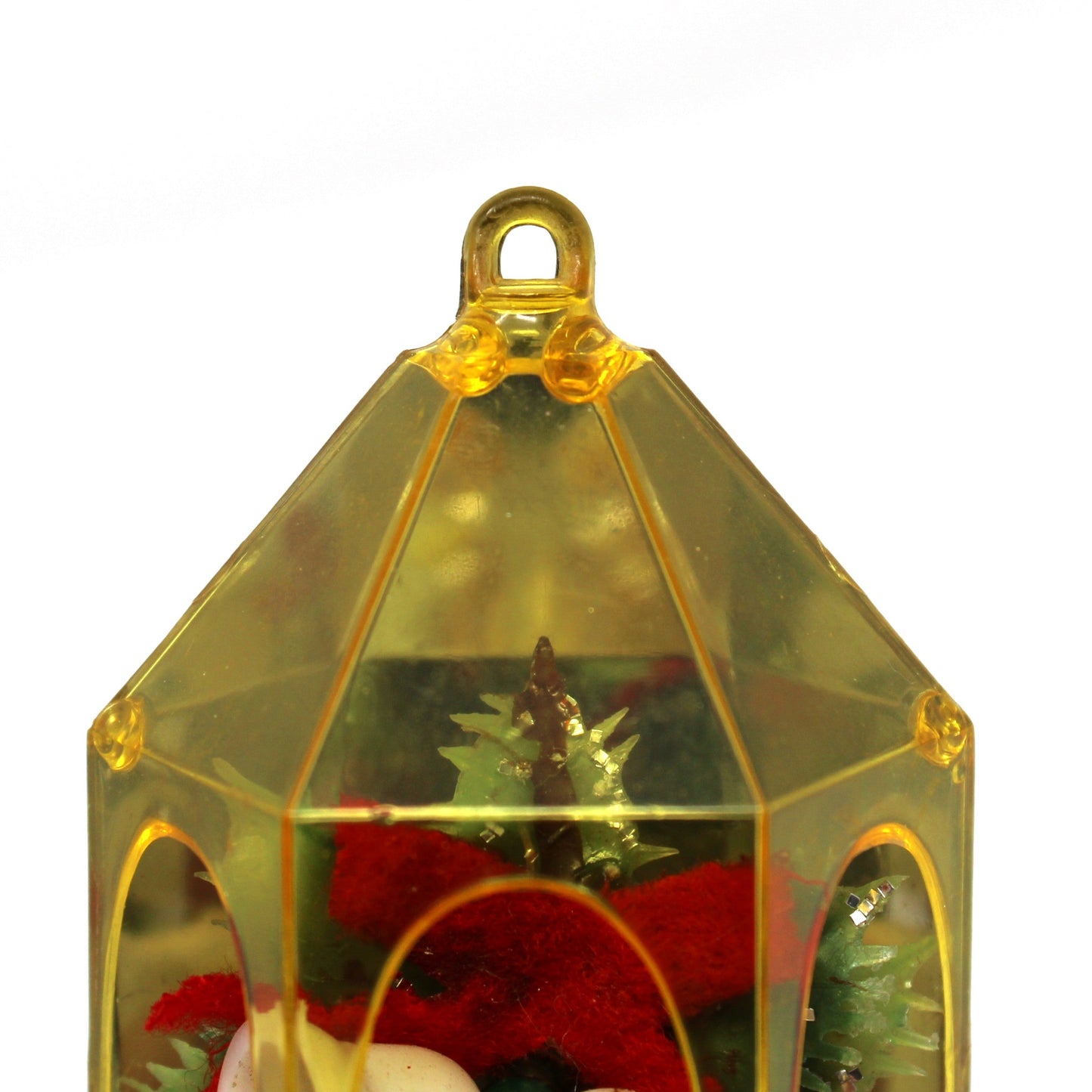 Ornaments, Jewelbrite Diorama, Christmas Bells & Holly, Yellow Hexagon, Mid Century Vintage