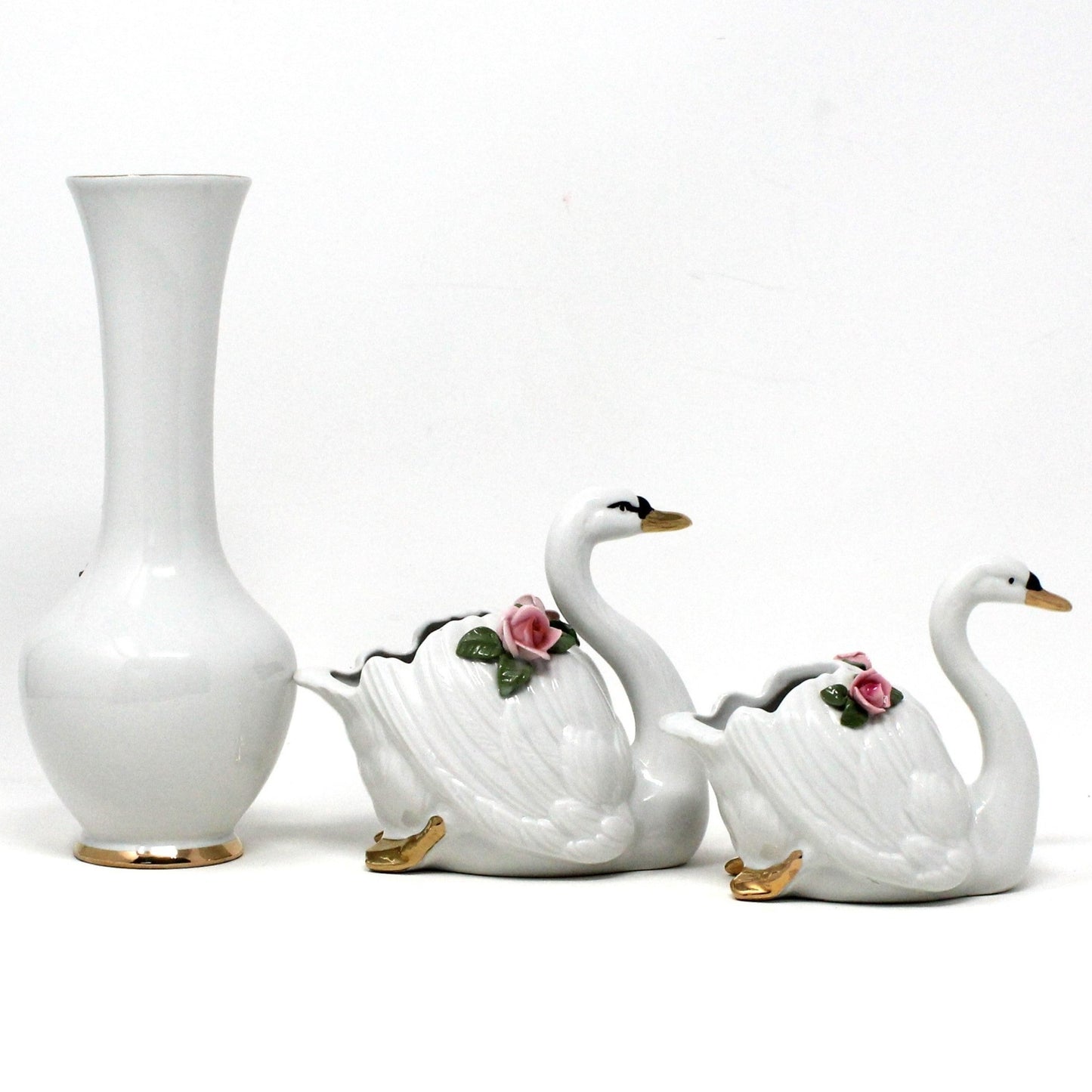 Planter / Vase, Dresden Style Swans & Bud Vase, Hand Applied Pink Roses, Vintage