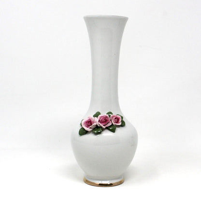 Vase, Dresden Style Swans & Bud Vase, Hand Applied Pink Roses, Vintage