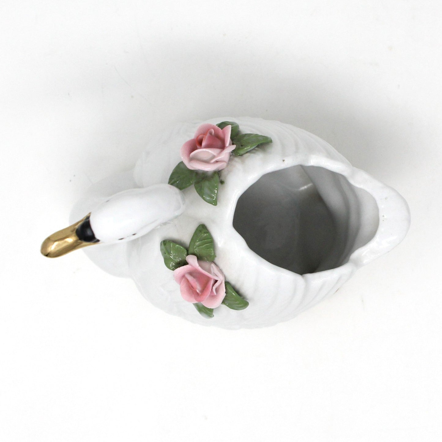 Planter / Vase, Dresden Style Swans & Bud Vase, Hand Applied Pink Roses, Vintage