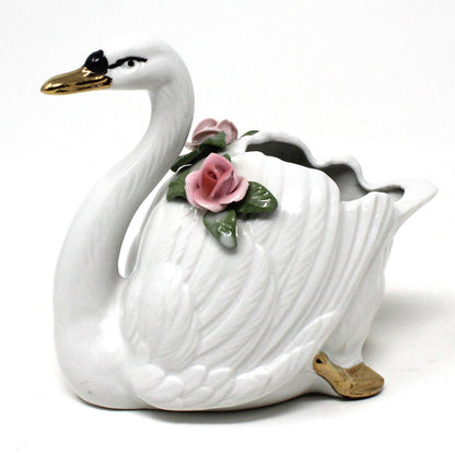 Planter / Vase, Dresden Style Swans & Bud Vase, Hand Applied Pink Roses, Vintage