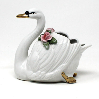 Planter / Vase, Dresden Style Swans & Bud Vase, Hand Applied Pink Roses, Vintage