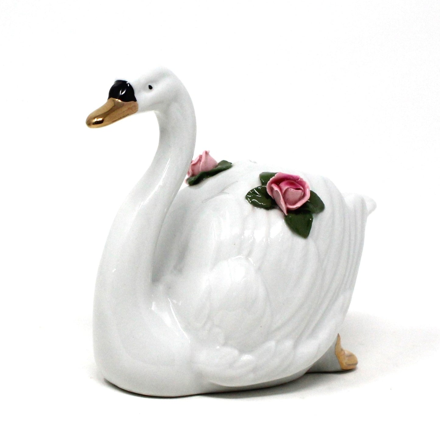 Planter / Vase, Dresden Style Swans & Bud Vase, Hand Applied Pink Roses, Vintage