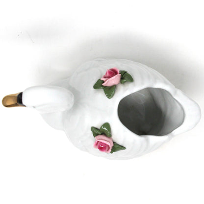 Vase, Dresden Style Swans & Bud Vase, Hand Applied Pink Roses, Vintage