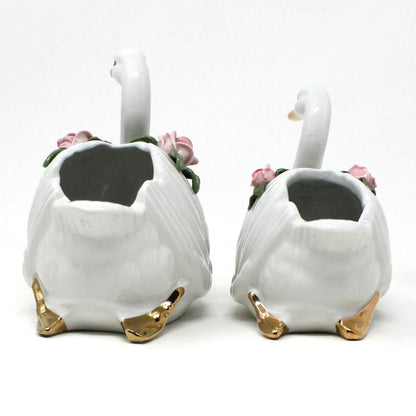 Planter / Vase, Dresden Style Swans & Bud Vase, Hand Applied Pink Roses, Vintage