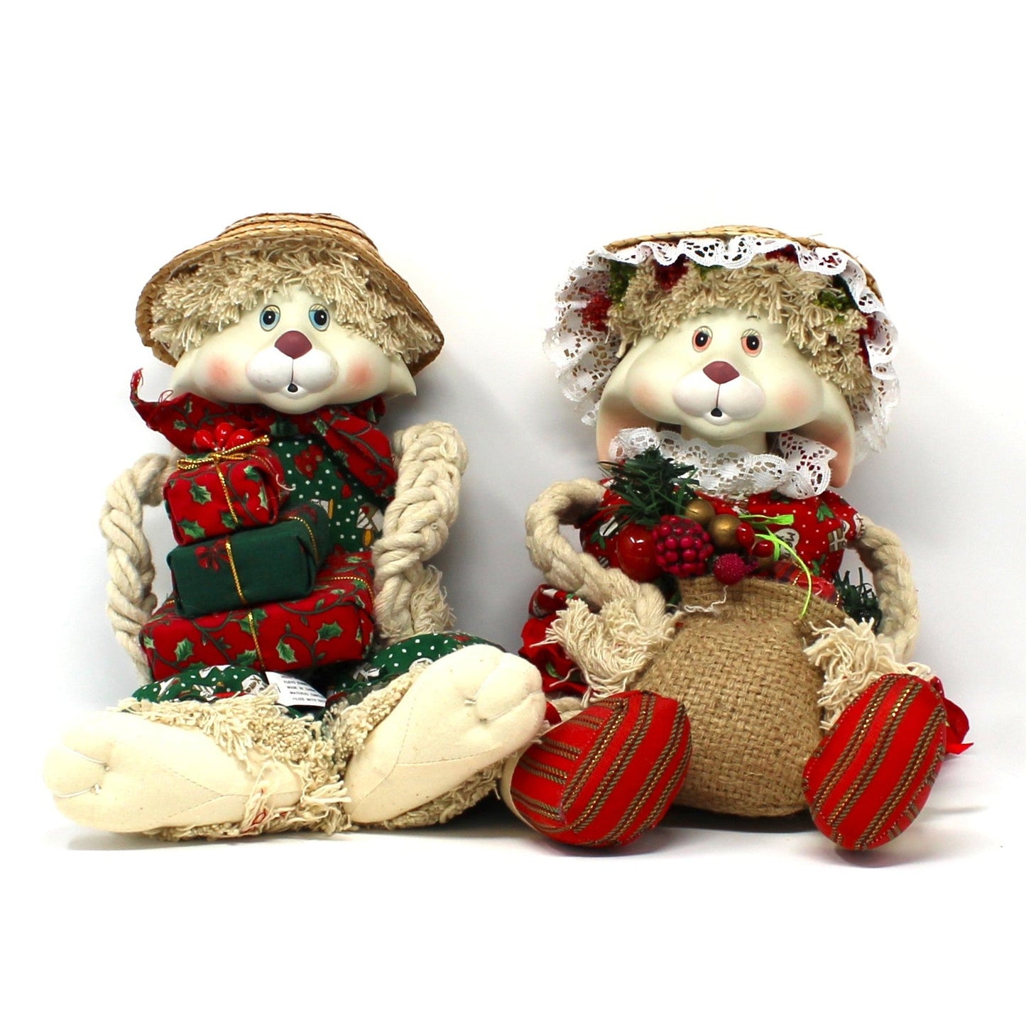Christmas Dolls, Holiday Bunny Rabbit Shelf Sitters from House of Lloyd Holiday Home Decor, "Floyd & Flossie" Country Rabbits Display, Set of 2