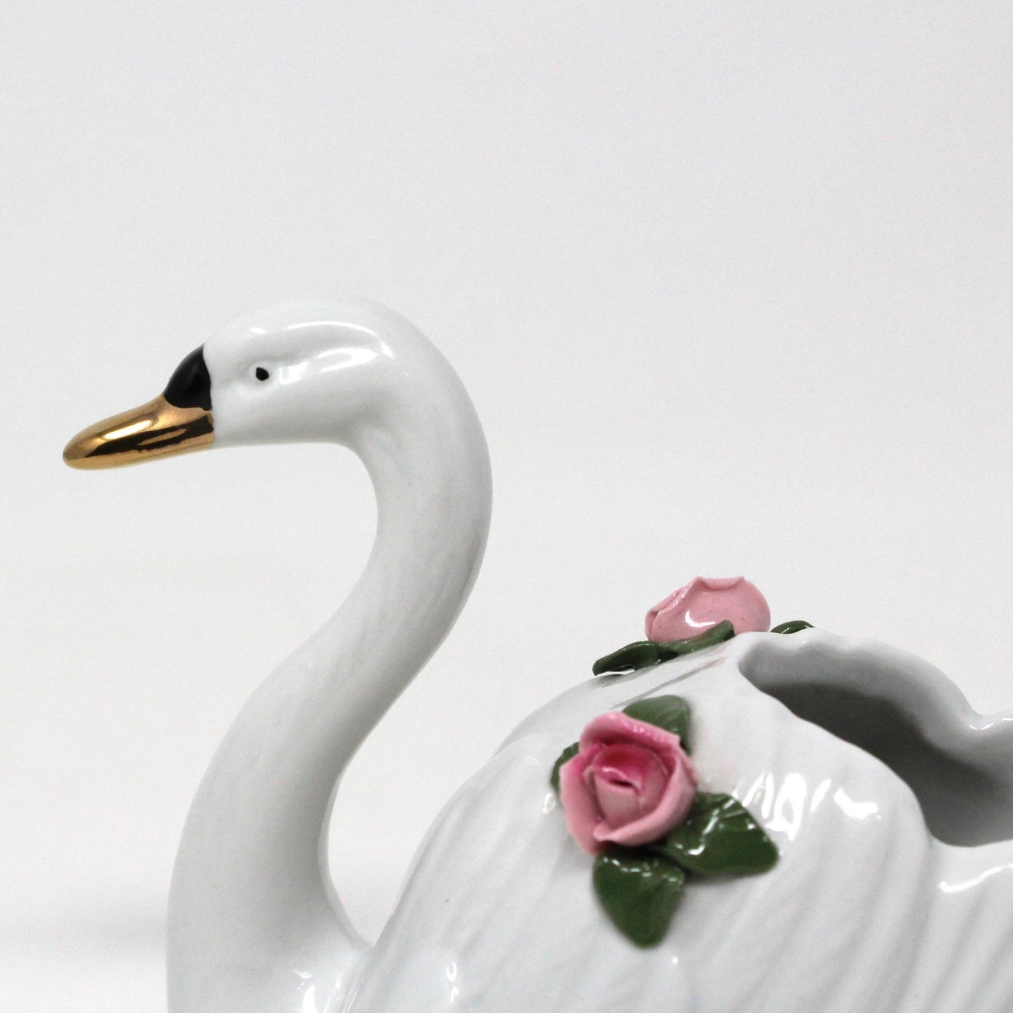 Planter / Vase, Dresden Style Swans & Bud Vase, Hand Applied Pink Roses, Vintage