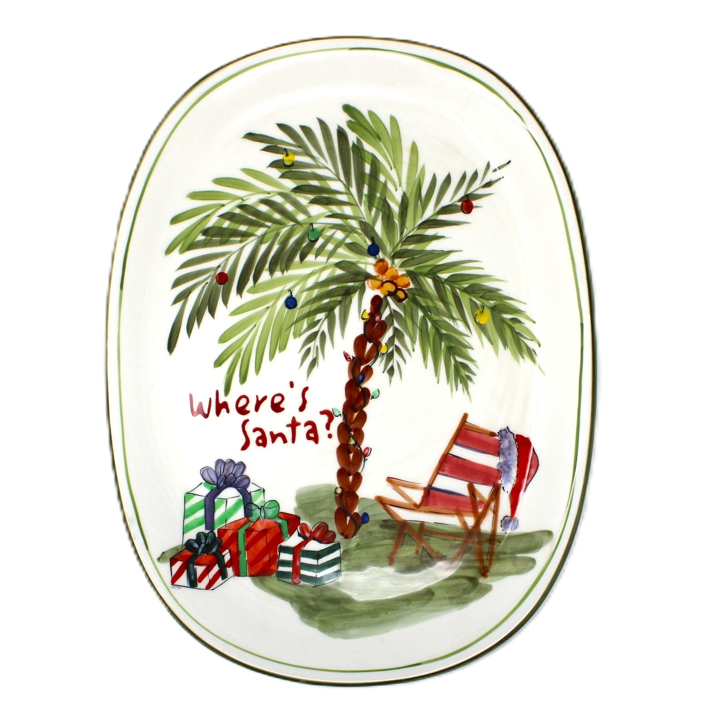 Decorative serving platter with a tropical Christmas scene featuring a palm tree, beach chair, and presents, with 'Where's Santa?' text.