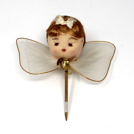 Ornaments, Christmas Angel Head Pick, Stockinette, Tulle Wings, Japan, Vintage