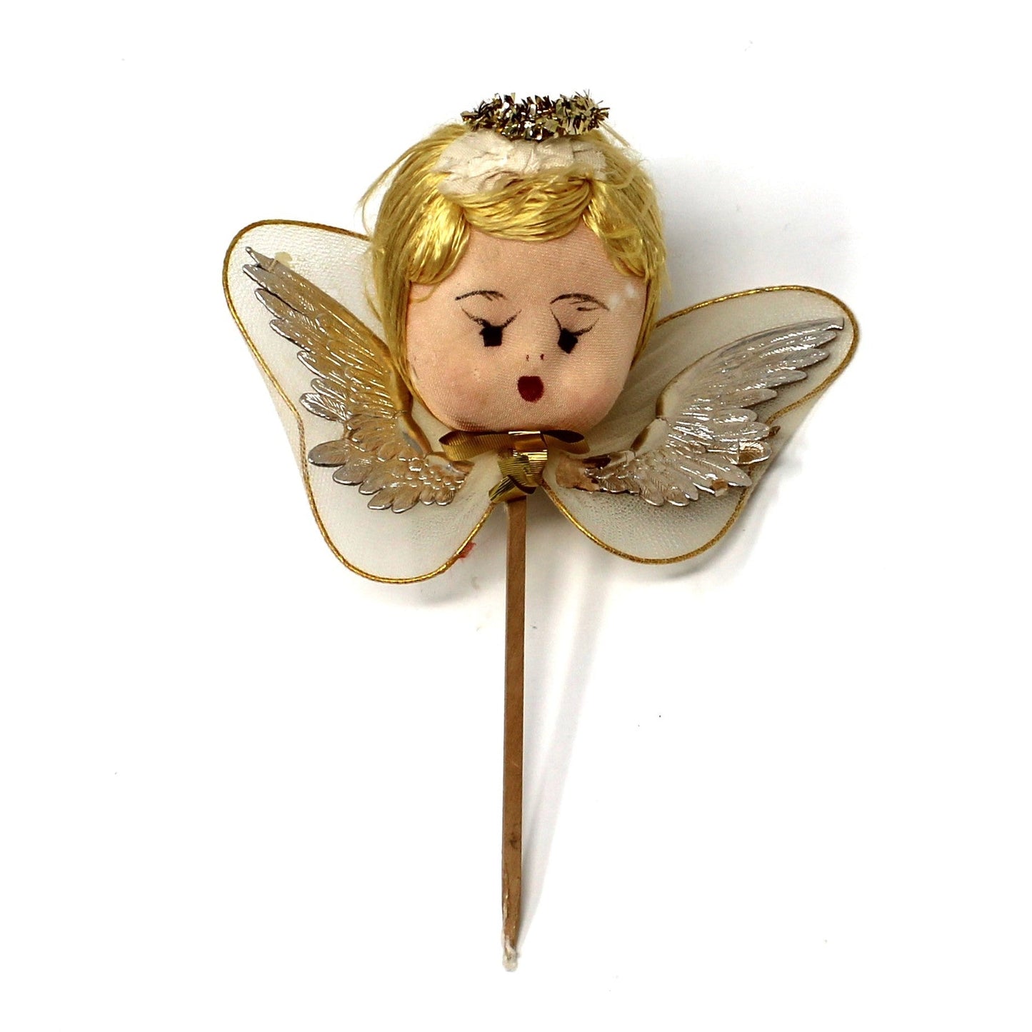 Ornaments, Christmas Angel Head Pick, Stockinette, Tulle & Gold Wings, Japan, Vintage