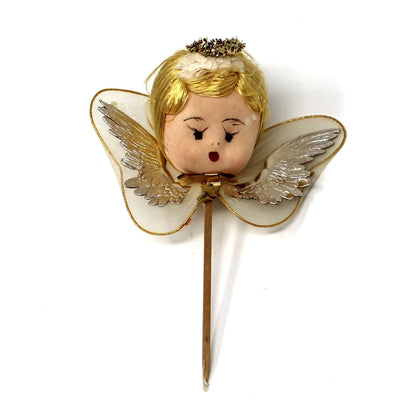 Ornaments, Christmas Angel Head Pick, Stockinette, Tulle & Gold Wings, Japan, Vintage