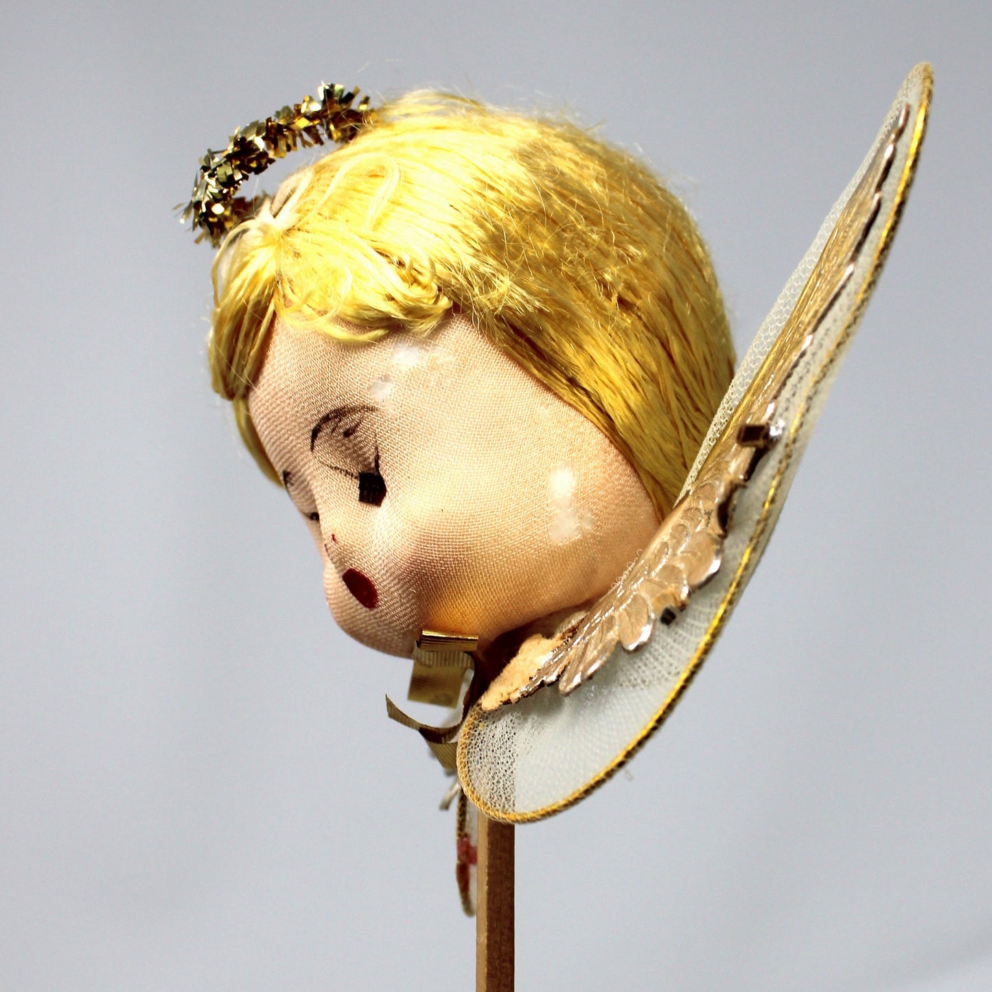 Ornaments, Christmas Angel Head Pick, Stockinette, Tulle & Gold Wings, Japan, Vintage