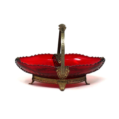 Basket, Imperial Glass, Pillar Flute Ruby Red Glass with Metal Frame & Handle, Vintage