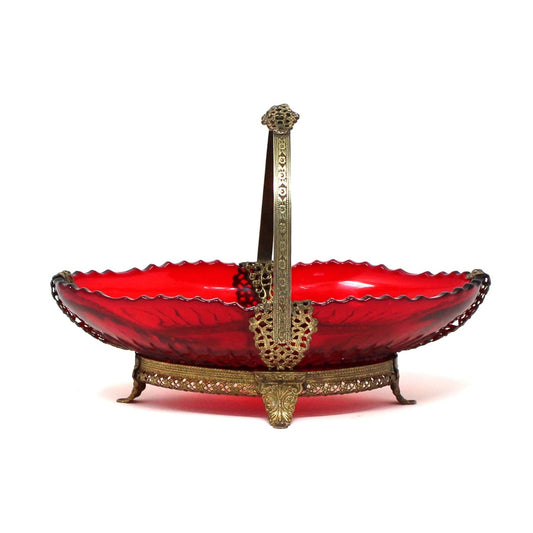 Basket, Imperial Glass, Pillar Flute Ruby Red Glass with Metal Frame & Handle, Vintage