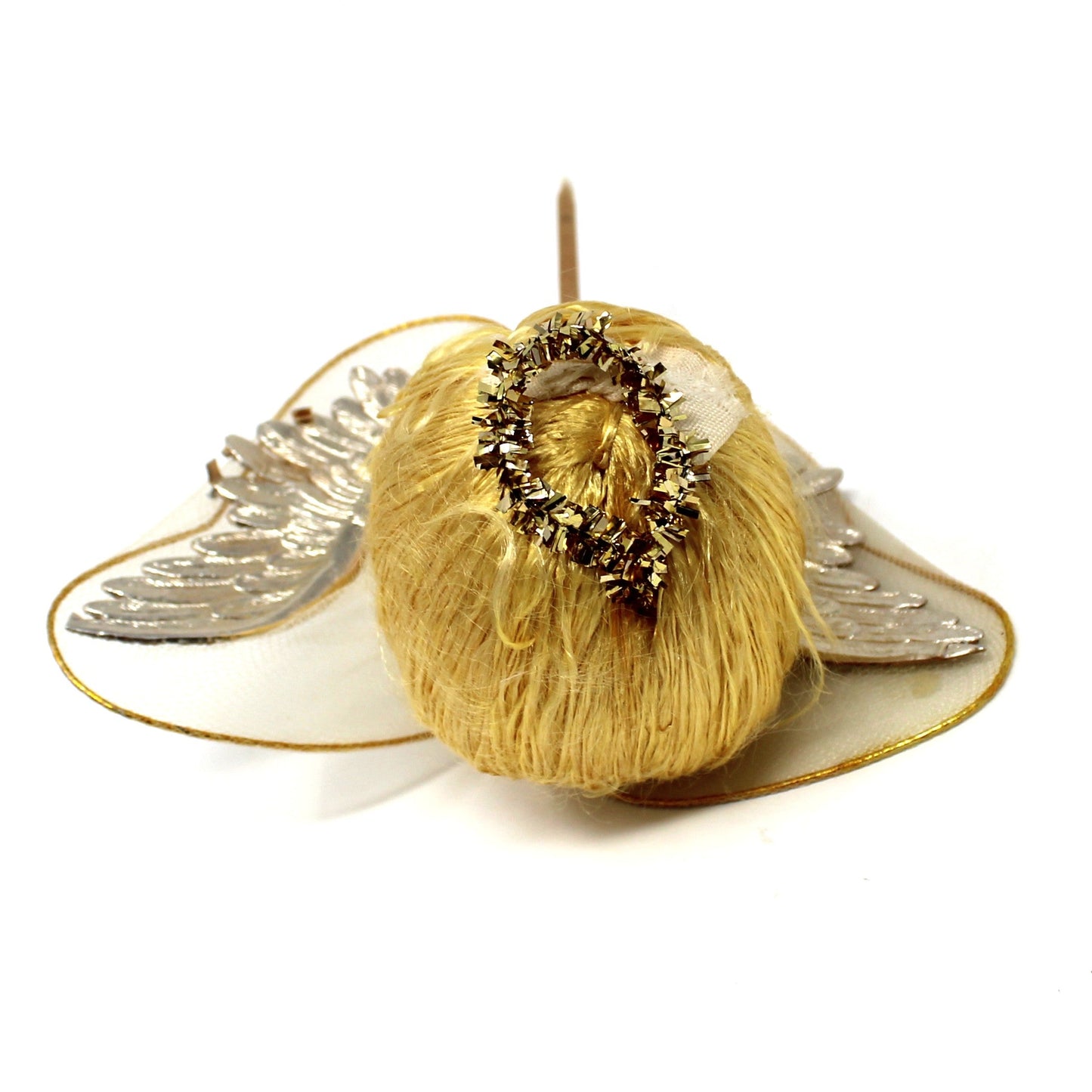 Ornaments, Christmas Angel Head Pick, Stockinette, Tulle & Gold Wings, Japan, Vintage