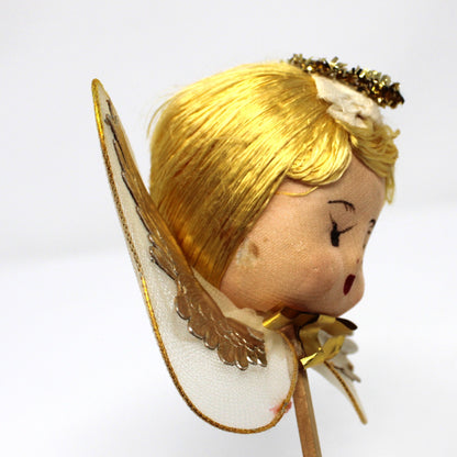Ornaments, Christmas Angel Head Pick, Stockinette, Tulle & Gold Wings, Japan, Vintage