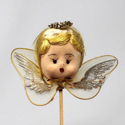 Ornaments, Christmas Angel Head Pick, Stockinette, Tulle & Gold Wings, Japan, Vintage
