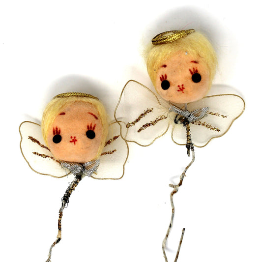 Ornaments, Christmas Angel Heads, Flocked Hand Painted Face, Tulle Wings, Set of 2, Japan, Vintage