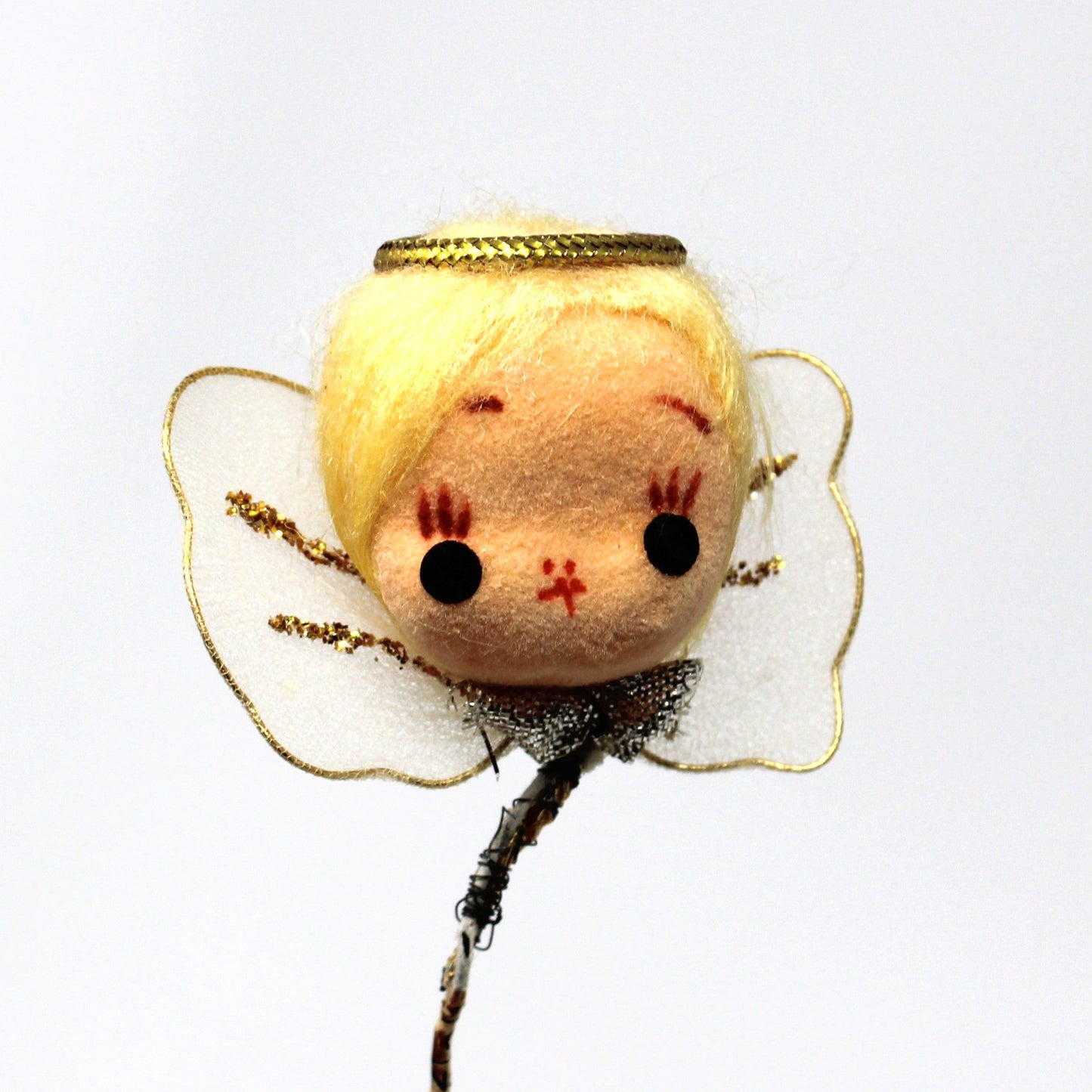 Ornaments, Christmas Angel Heads, Flocked Hand Painted Face, Tulle Wings, Set of 2, Japan, Vintage