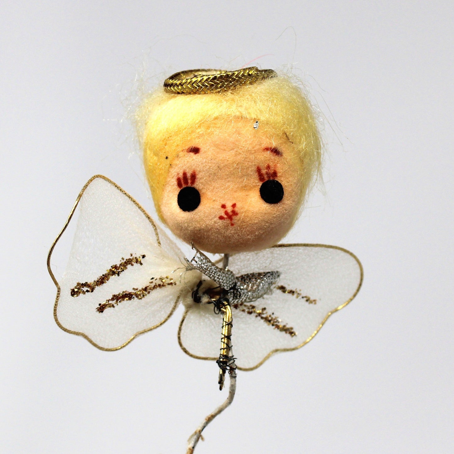 Ornaments, Christmas Angel Heads, Flocked Hand Painted Face, Tulle Wings, Set of 2, Japan, Vintage