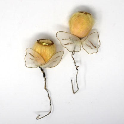 Ornaments, Christmas Angel Heads, Flocked Hand Painted Face, Tulle Wings, Set of 2, Japan, Vintage