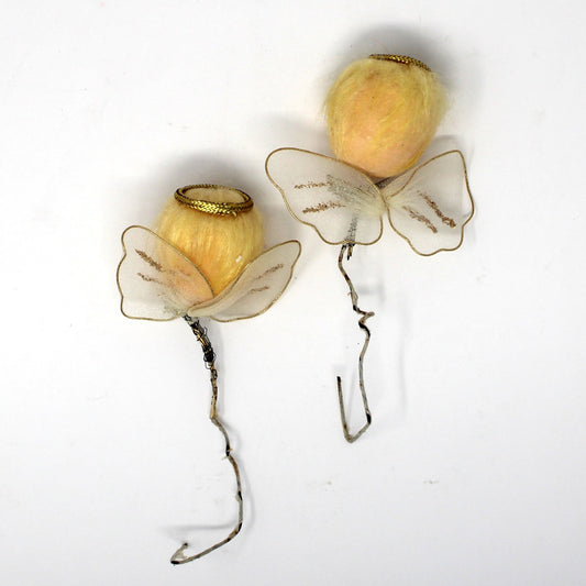 Ornaments, Christmas Angel Heads, Flocked Hand Painted Face, Tulle Wings, Set of 2, Japan, Vintage