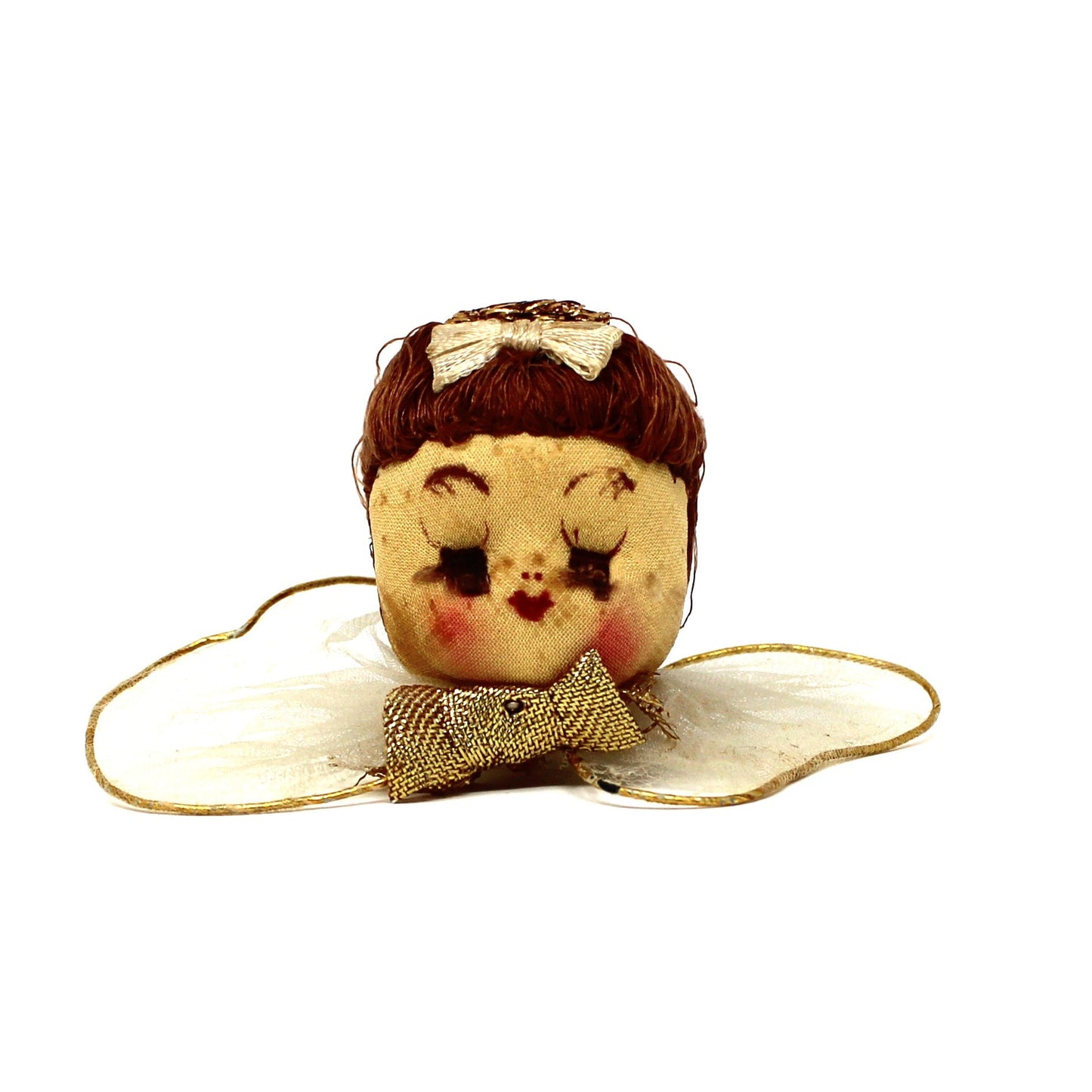 Ornaments, Christmas Angel Head, Hand Painted Stockinette Face, Tulle Wings, Japan, Vintage