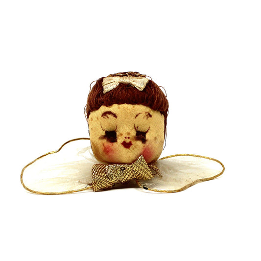 Ornaments, Christmas Angel Head, Hand Painted Stockinette Face, Tulle Wings, Japan, Vintage