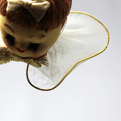 Ornaments, Christmas Angel Head, Hand Painted Stockinette Face, Tulle Wings, Japan, Vintage
