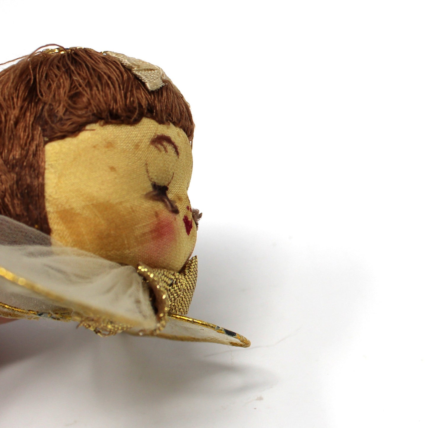 Ornaments, Christmas Angel Head, Hand Painted Stockinette Face, Tulle Wings, Japan, Vintage