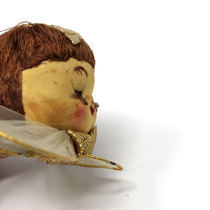 Ornaments, Christmas Angel Head, Hand Painted Stockinette Face, Tulle Wings, Japan, Vintage