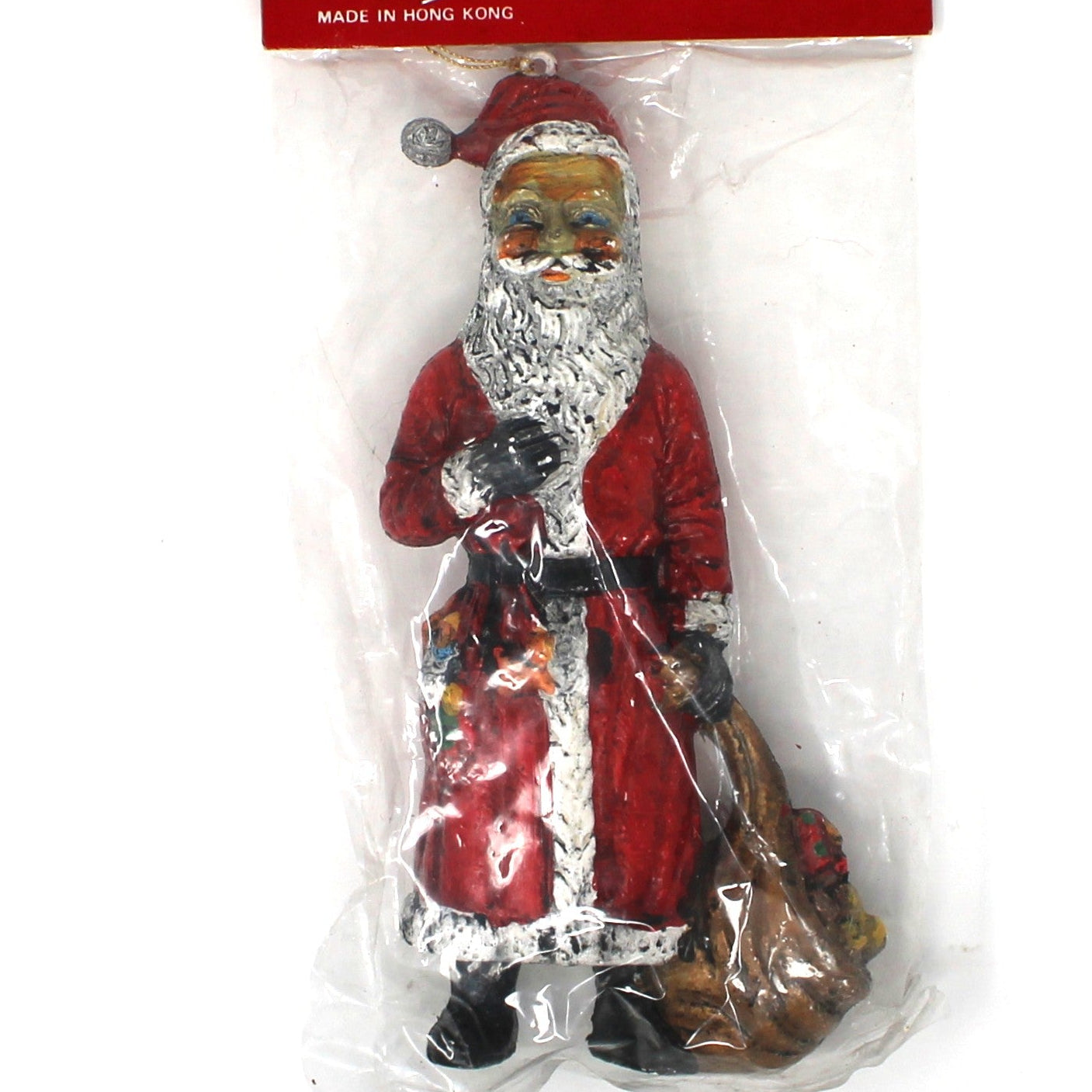 Vintage Christmas Ornament, Traditional Santa with Long Coat and Gifts Sack, in Original Packaging, NOS Unused, Plastic / Blow Mold