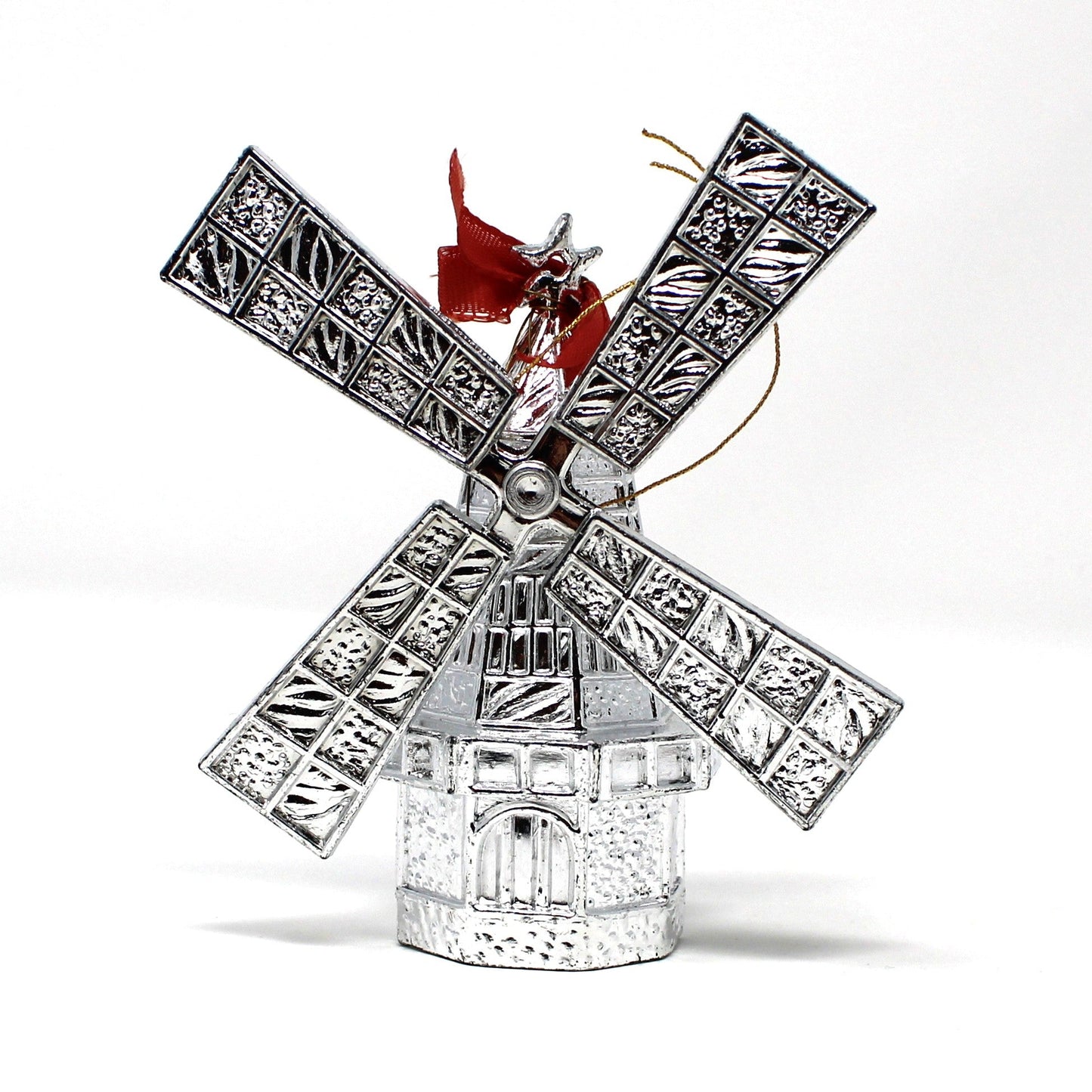Ornaments, Christmas Holland Windmill, Silver Plastic, Vintage