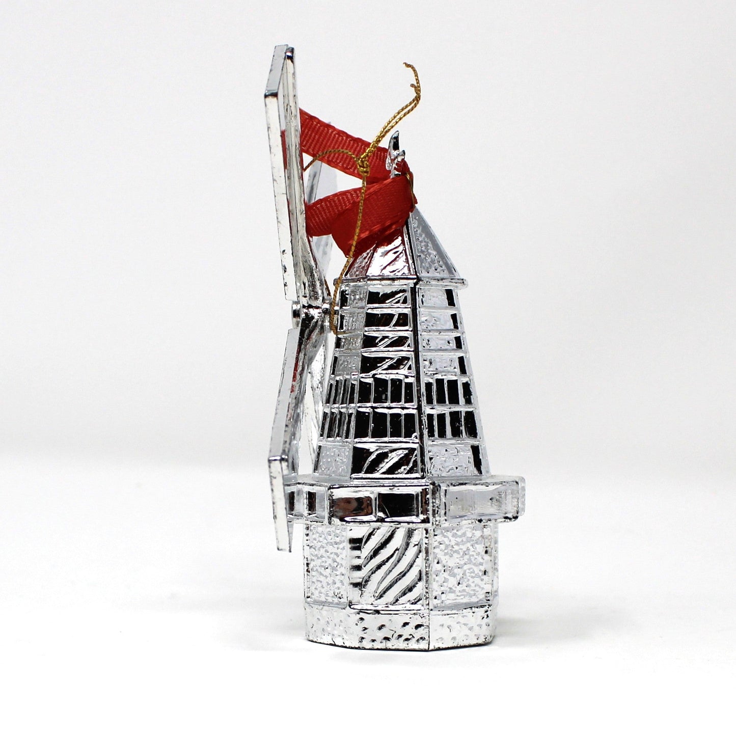 Ornaments, Christmas Holland Windmill, Silver Plastic, Vintage