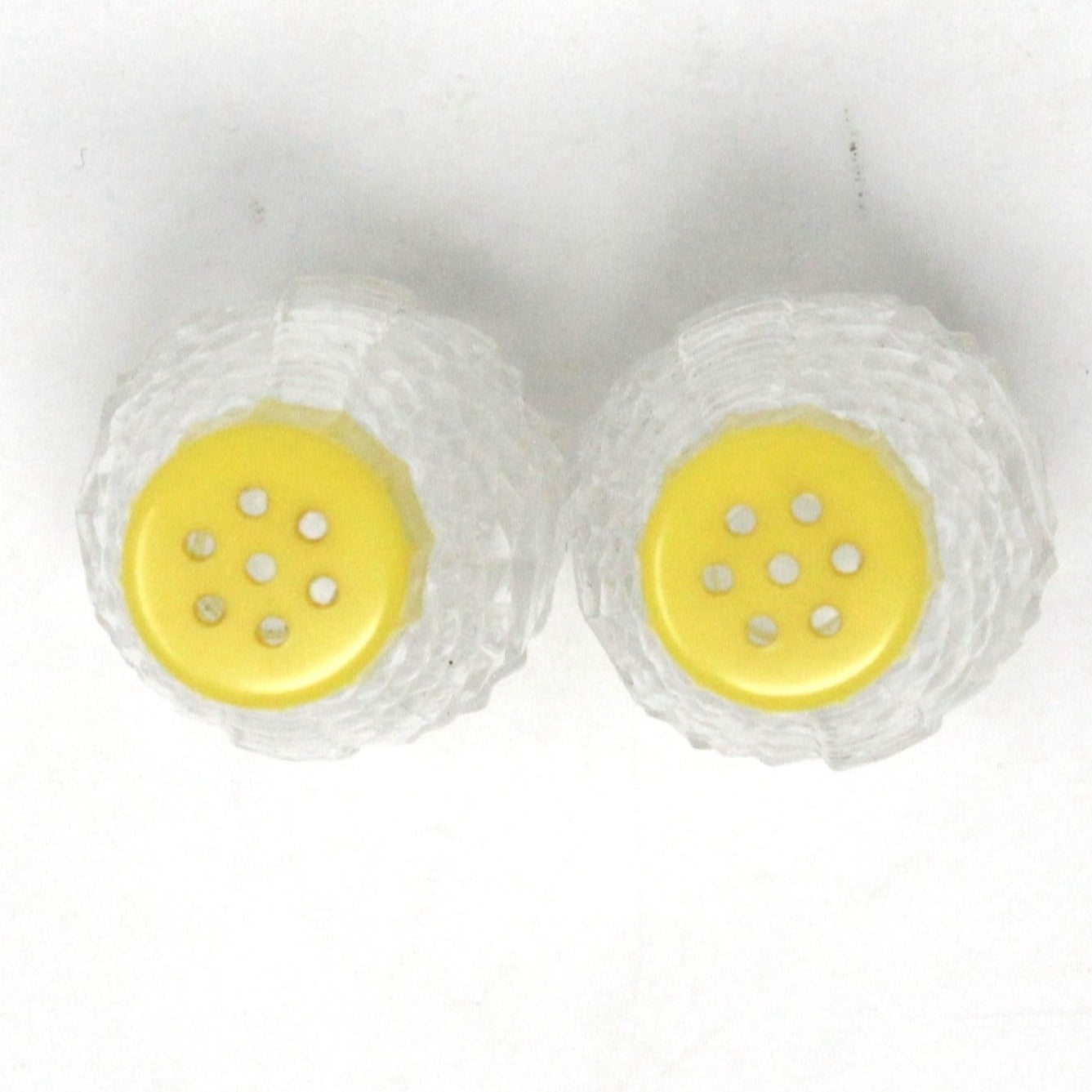 Salt and Pepper Shakers, Pressed Glass with Yellow Bakelite Tops, Vintage