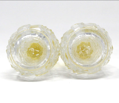 Salt and Pepper Shakers, Pressed Glass with Yellow Bakelite Tops, Vintage