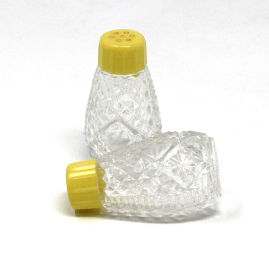 Salt and Pepper Shakers, Pressed Glass with Yellow Bakelite Tops, Vintage