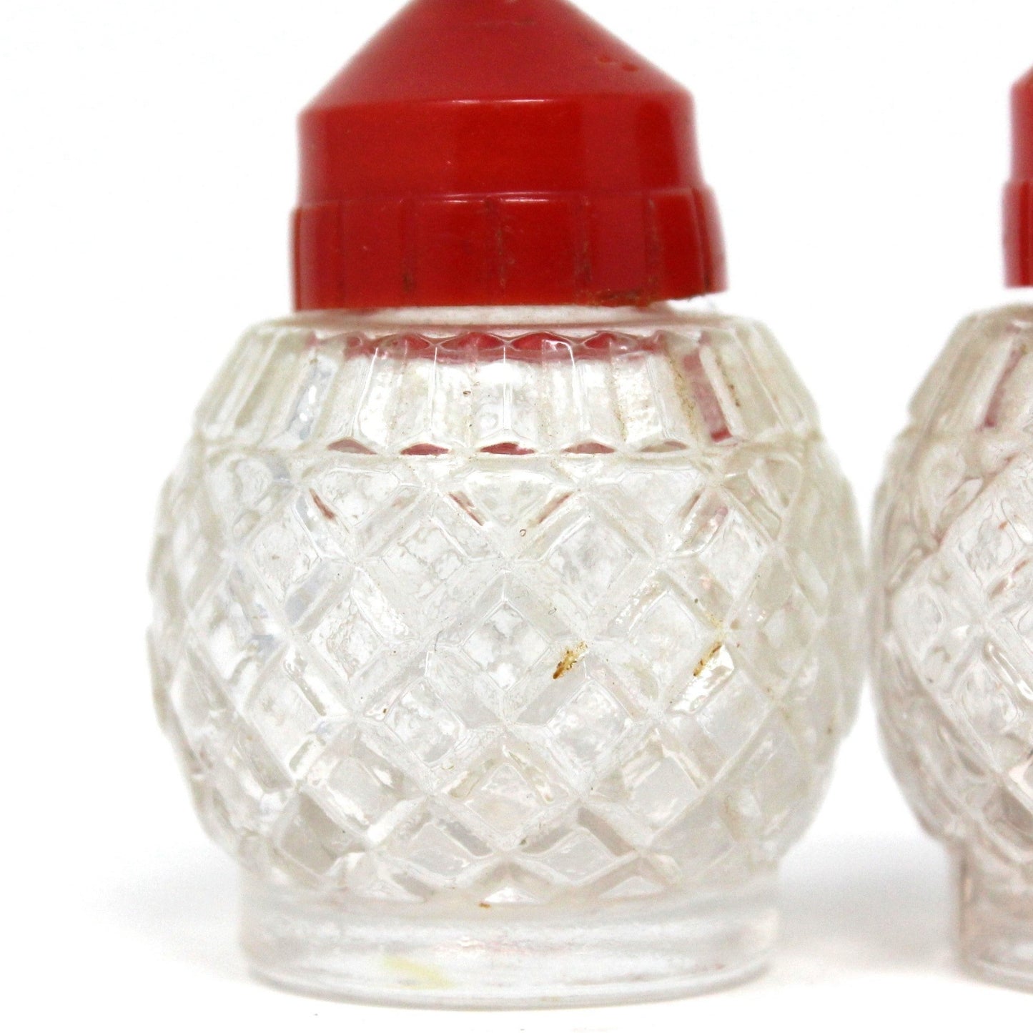 Salt and Pepper Shakers, Pressed Glass with Red Bakelite Tops, Vintage