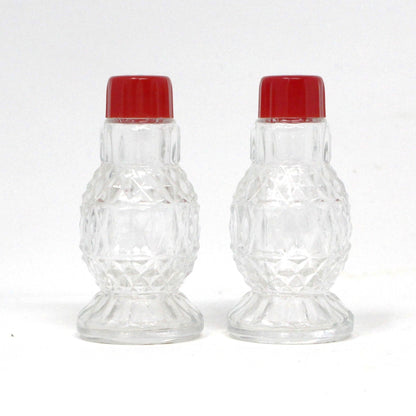 Salt and Pepper Shakers, Pressed Glass with Red Bakelite Tops, Vintage, SOLD
