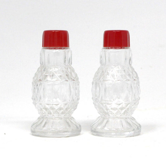 Salt and Pepper Shakers, Pressed Glass with Red Bakelite Tops, Vintage, SOLD