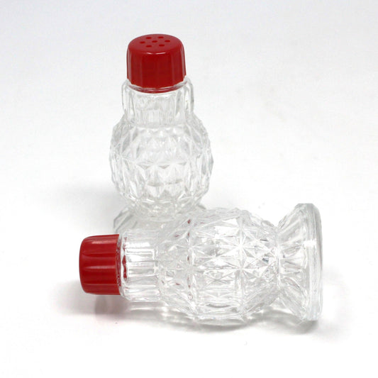 Salt and Pepper Shakers, Pressed Glass with Red Bakelite Tops, Vintage, SOLD