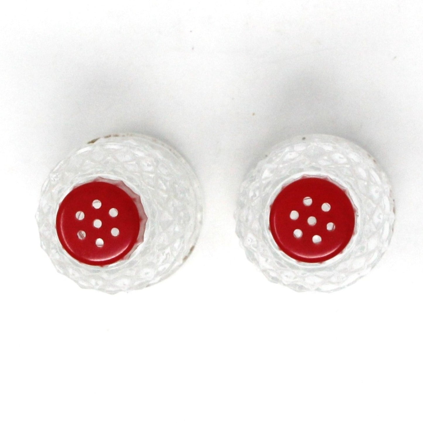 Salt and Pepper Shakers, Pressed Glass with Red Bakelite Tops, Vintage, SOLD