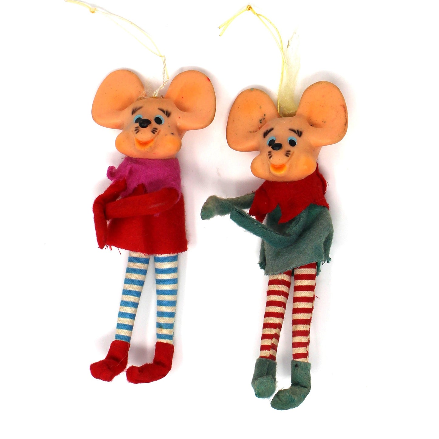 Vintage Christmas Ornaments, Set of 2 Pixie Mice with Very Large Ears, Striped Fabric Legs and Rubber Faces. Mid Century Japan Imports, Holiday Kitsch Decor, Collectibles.
