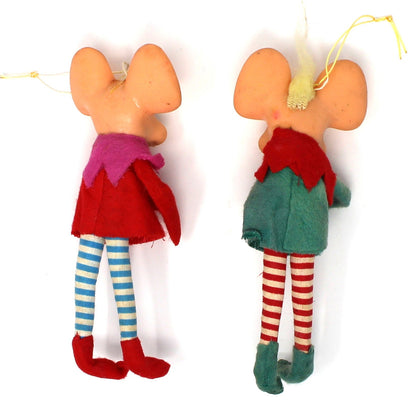 Ornaments, Christmas Mouse / Pixie, Large Ears, Felt and Fabric Striped Legs, Set of 2, Japan, Vintage