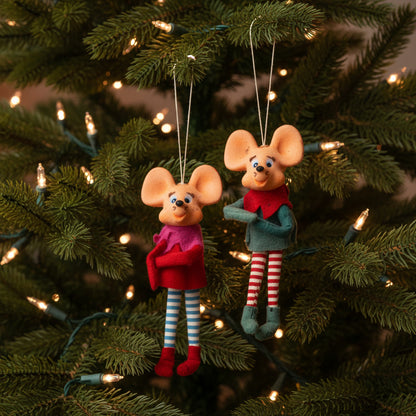 Ornaments, Christmas Mouse / Pixie, Large Ears, Felt and Fabric Striped Legs, Set of 2, Japan, Vintage