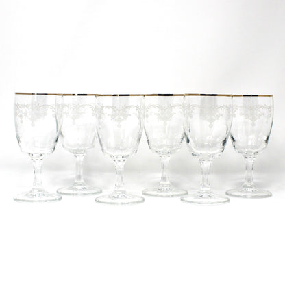 Wine Glasses, White Enamel Stenciled Garland Design, Gold Rims, Set of 6, Vintage