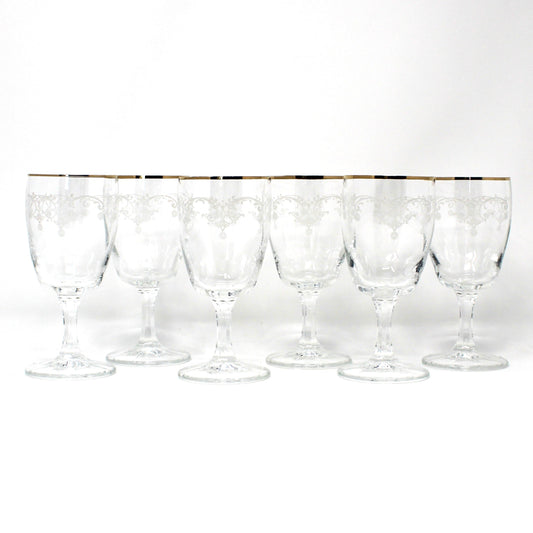 Wine Glasses, White Enamel Stenciled Garland Design, Gold Rims, Set of 6, Vintage