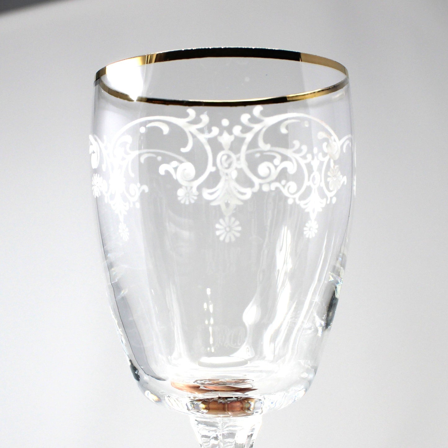 Wine Glasses, White Enamel Stenciled Garland Design, Gold Rims, Set of 6, Vintage