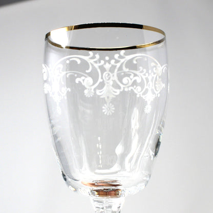 Wine Glasses, White Enamel Stenciled Garland Design, Gold Rims, Set of 6, Vintage